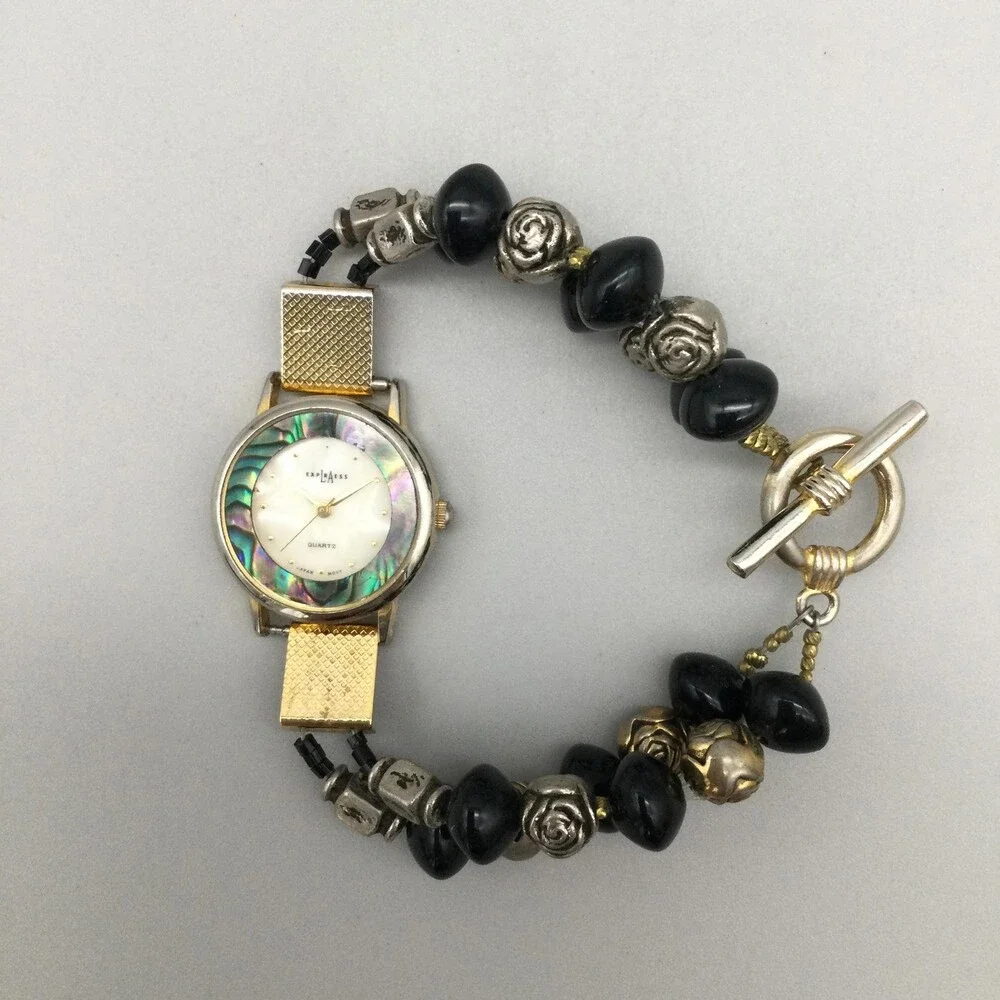 Express Womens Watch 27mm GMOP Abalone Black Bead Bracelet New Battery 8